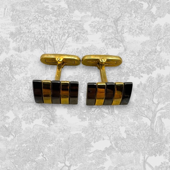 Givenchy Vintage Classic Two tone Gold Gunmetal Striped Cufflinks - Picture 6 of 9